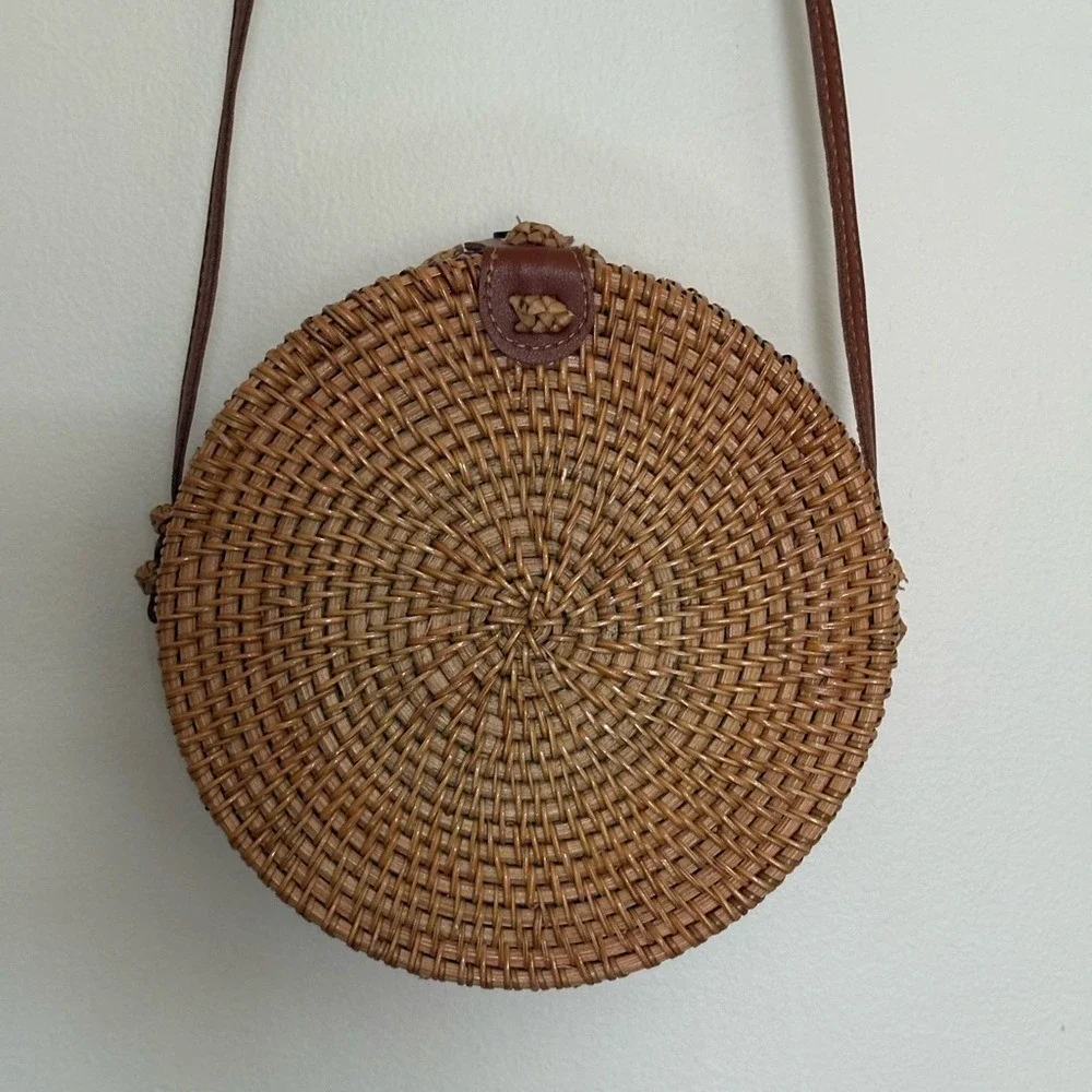 Round Rattan Woven Crossbody Bag Boho Resort Vacation Purse